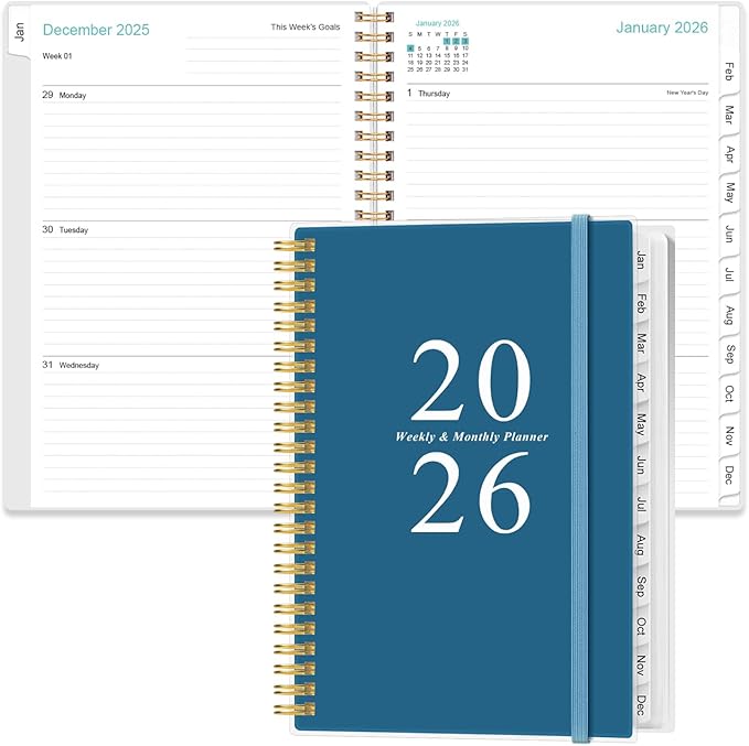 2026 Planner - A5 Weekly & Monthly Planners Spiral Bound, January 2026 - December 2026, 2026 Planner with Flexible Cover, Tabs, Inner Pocket, 6.4" x 8.5", Dark Blue