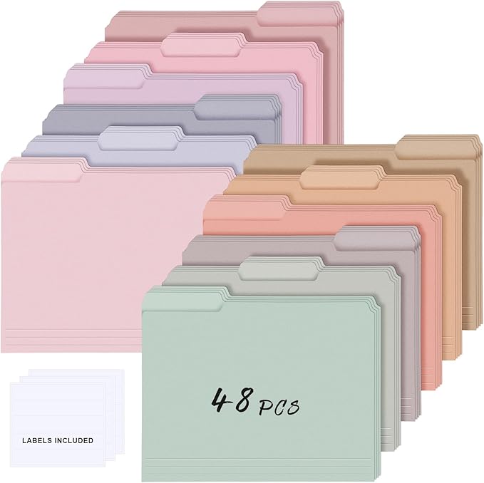 48 Pcs File Folders 9.5x11.6 Inch Manilla Folders Letter Size with 1/3 Cut Tabs 12 Colored Office Home School Organizers for Documents, Classroom Supplies and Paper Storage (Sweet Color)