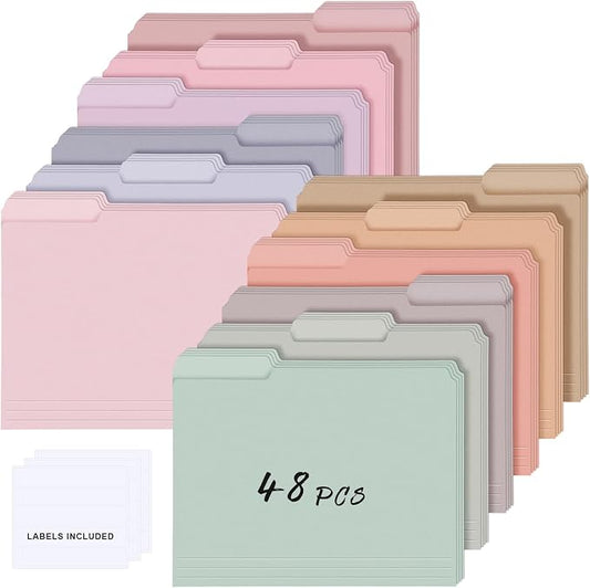 48 Pcs File Folders 9.5x11.6 Inch Manilla Folders Letter Size with 1/3 Cut Tabs 12 Colored Office Home School Organizers for Documents, Classroom Supplies and Paper Storage (Sweet Color)