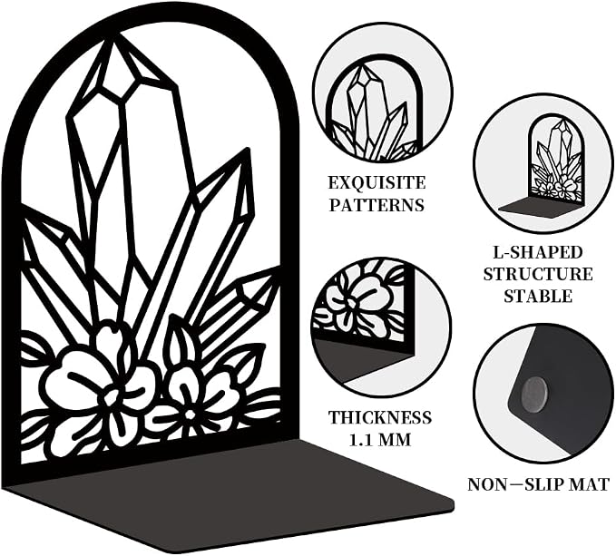 Crystal Flower Book Shelf Decorative Bookends for Shelves, Book Ends for Heavy Books, Metal Bookends for Desk Organizer, Office Library Decor Decorative Books for Home Decor