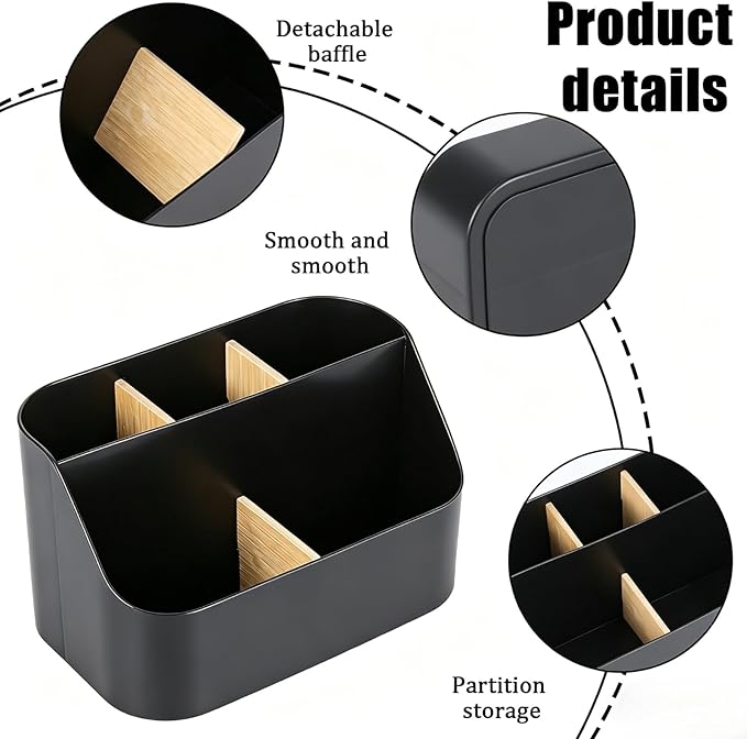 Remote Control Holder, Plastic Desk Organizer with Bamboo Dividers, 4-Compartment Remote Caddy for TV Media Phone Pen Storage, Tabletop Organizer for Coffee Table, Nightstand, Office, Black