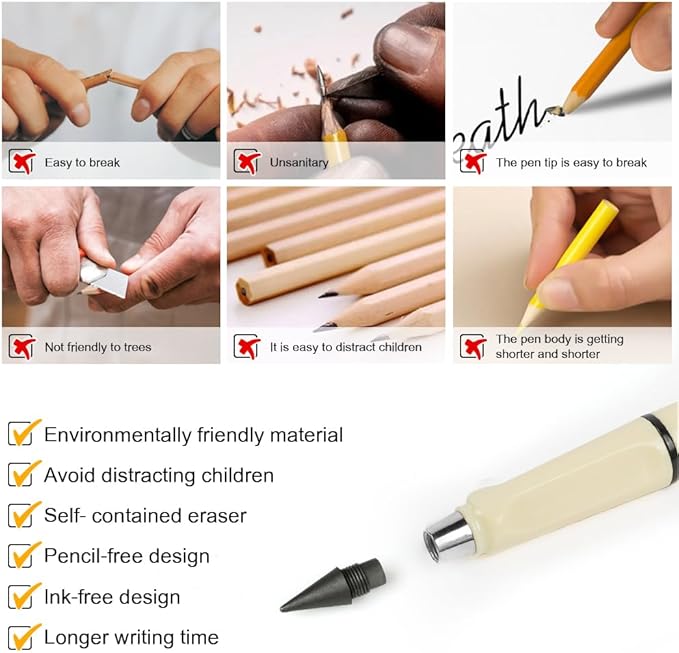 Ainiv Inkless Pencil with Eraser, 5 Sets Infinity Pencil Everlasting Pencil, Reusable Infinite Pencil with Extra 5 Eraser & 5 Replaceable Nibs, Endless Pencil for Home Office School Writing Drawing