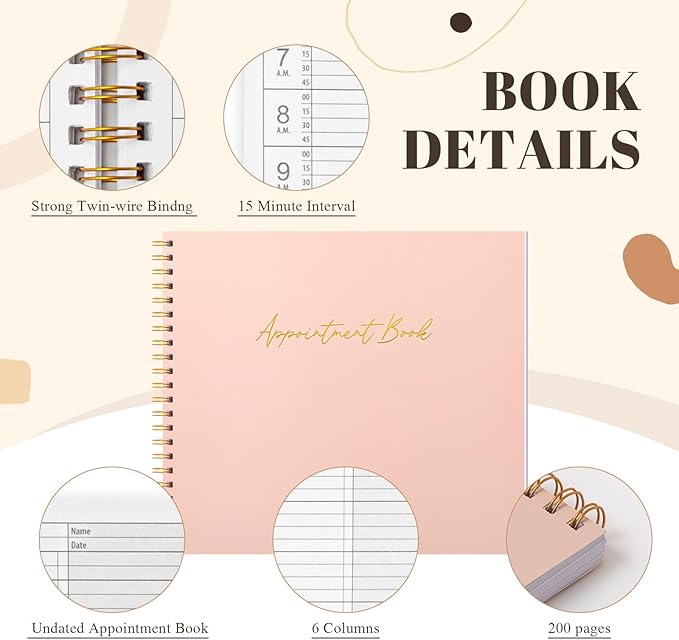 Maitys 2026-2027 Large 6 Column Salon Appointment Book for Hairstylist Spa Business, Hourly Planner 15 Minute Interval, 200 Pages Undated 6 Am 9 Pm Spiral Bound Checklist Planner(Pink, Minimalist)