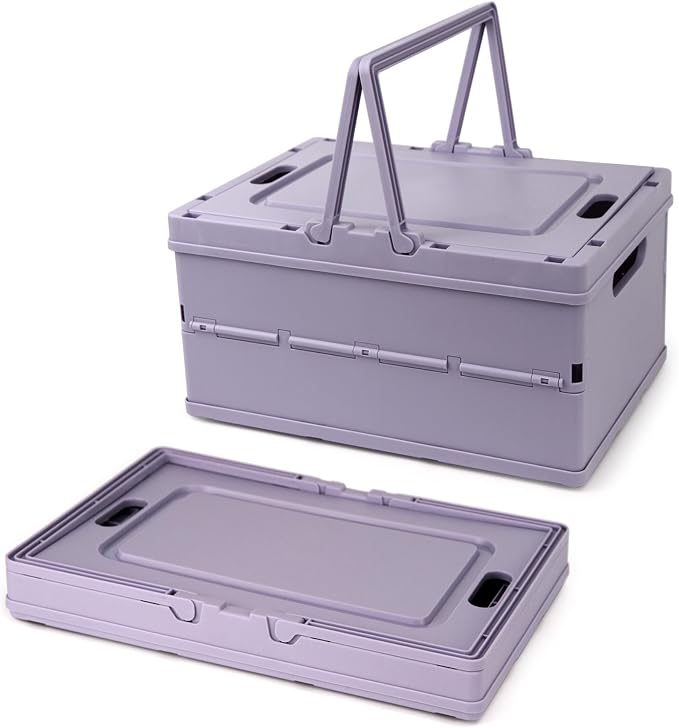 Collapsible Storage Crate, Foldable Plastic Basket with Lid and Handle, Foldable Storage Box Crate Bin for Home Kitchen Office Bathroom Bedroom Pantry (Purple, 2-Pack)