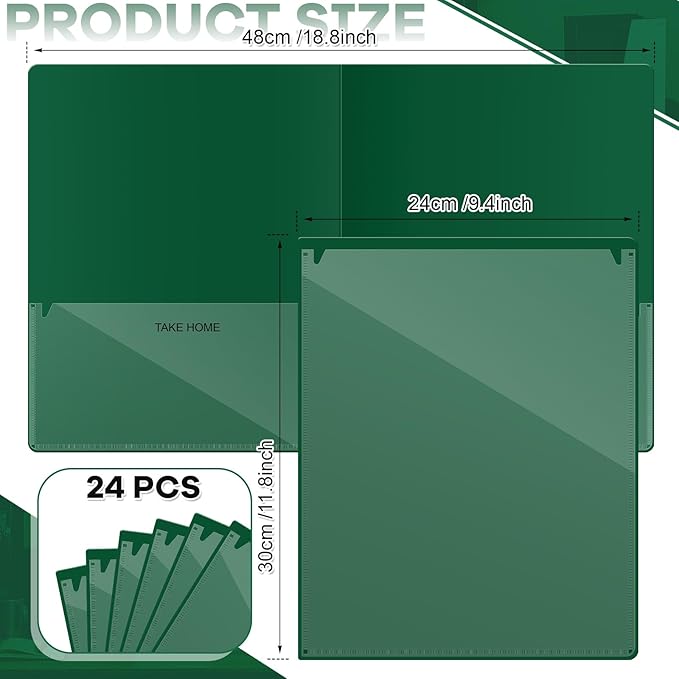 Henoyso 24 Pcs Folders with Pocket School to Home Folder Heavy Duty 2 Pocket Homework Folders with Clear Front Pockets for School Students Parent Teacher Communication (Dark Green)