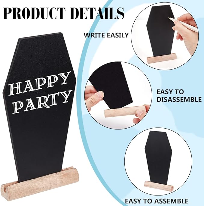 BENECREAT 16Sets Black Wood Tabletop Chalkboard, 6.1x3.1 Inch Coffin Shape Blackboard with Stand for Buffet, Message Board Signs for Halloween Weddings Parties