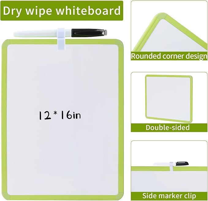 MXG Double Sided White Board Dry Erase, 12x16 Inch Green Frame Small Whiteboard with Markers & Eraser, for Desk, Wall, Fridge, Portable Mini White Board for Coaches, Students, Kitchen