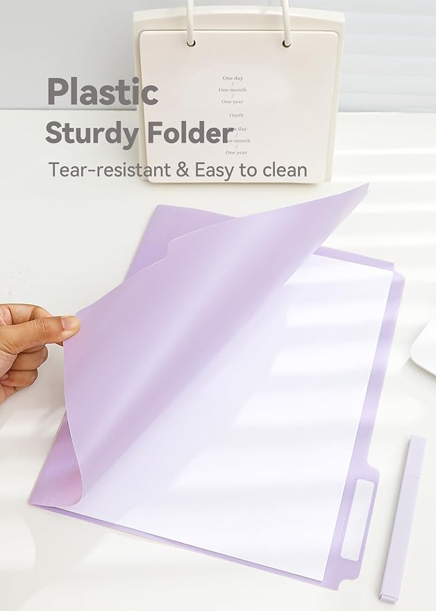 SortRax Plastic Manila Folders 8.5 x 11, 12 Pack, Poly Pastel File Folders, 1/3-Cut Tabs with Colorful Labels, Letter Size