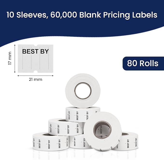 Perco 2 Line Best BY Labels - 80 Rolls, 10 Sleeves, 60,000 Blank Date Gun Labels for Perco 2 Line Date Guns - Made in USA