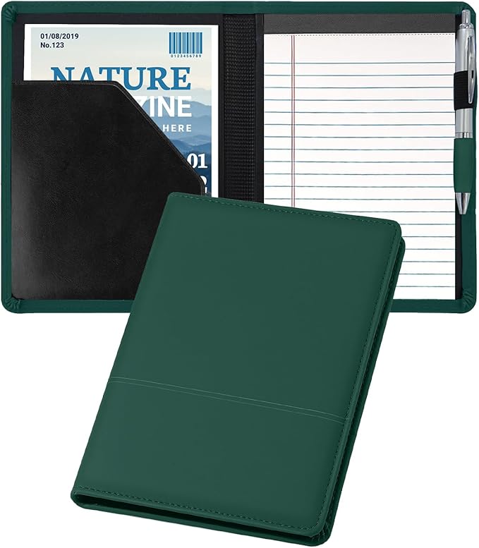 Classic Padfolio/Junior Portfolio Folder Case, Business A5 Binder Organizer Notepad for Men Women, 5 x 8 Writing Pad Included,Dark Green