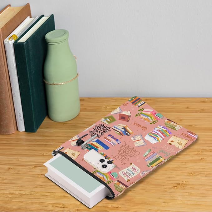 Pink Bookish Book Sleeve, Book Lovers Gifts Sleeve with Zipper & Front Pocket, 11.4x8.8 Inch Canvas Books Cover Protector Bookish Gifts for Readers Librarian Women Teacher