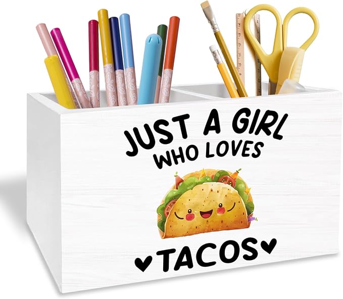 Mexican Taco Pen Holder for Desk, Gifts for Taco Lovers Pencil Organizer, Just a Girl Who Loves Tacos Wooden Box Sign Desk Decor for Home Office Decoration