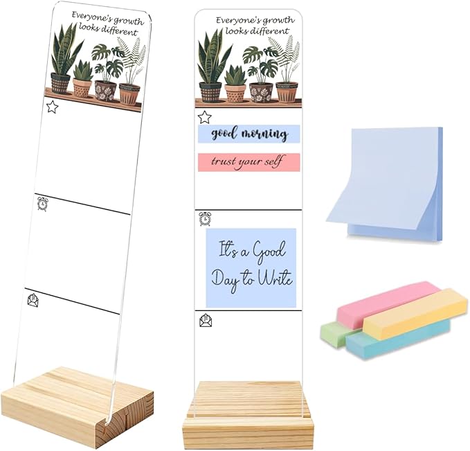 Sticky Notes Monitor Memo Board Acrylic Holder with Removable Wooden Base, Growth Looks Different for Everyone Logo Desk Set with 200 Sheets Two Sizes Sticky Notes, Office Desk Accessories Organizer