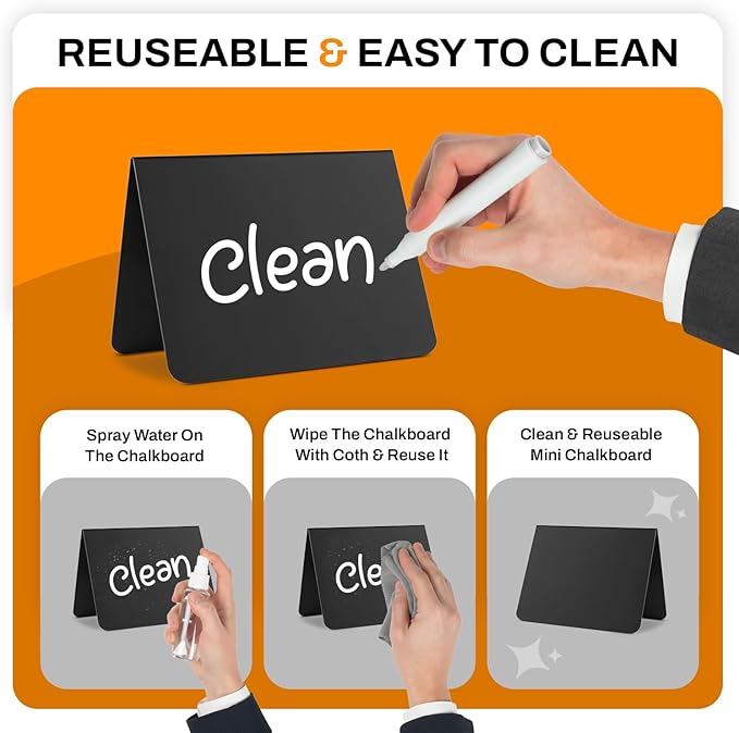 20 Pack Mini Chalkboard Signs for Food, 4”x3” Small Reusable Chalk Board Signs w/Spray Bottle, Food Labels for Party Buffet, Table Signs for Wedding, Name Tags & Bakery w/12 Markers & 2 Wiping Cloths