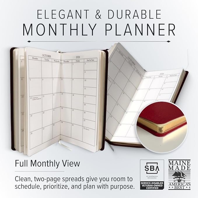 Gallery Leather Pocket Monthly Planner 2025-2026, Elegantly Bound Calendar Planner and Notebook with Stylish Gold-Gilded Page Edges, 18 Months - Camden Violet - 6x3.25"
