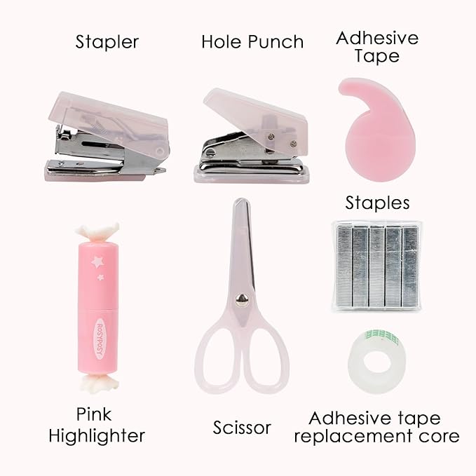 7-Piece Clear Desk Organizer Set - with Stapler, Hole Punch, Tape Dispenser, Scissors & Highlighters, Transparent Office Supplies Kit for Home Office, School & Workspace