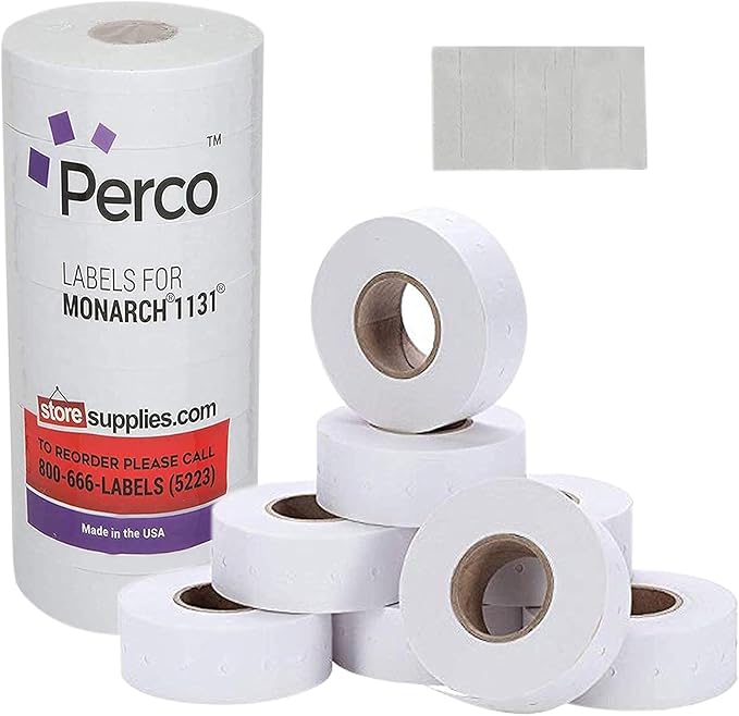 Perco White Pricing Labels for Monarch 1131 Price Gun - 1 Sleeve, 20,000 Blank Marking Labels Bundle with Monarch Ink Roll for Monarch 1131 & 1136 Price Labelers (Pack of 4)