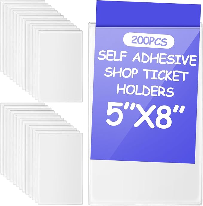 Outus 200 Pcs Self Adhesive Shop Ticket Holders Clear Plastic Sleeves Adhesive Pockets Work Order Job Ticket Holders for Back to School Student Label Home Office Posting Signs (5 x 8 Inch)