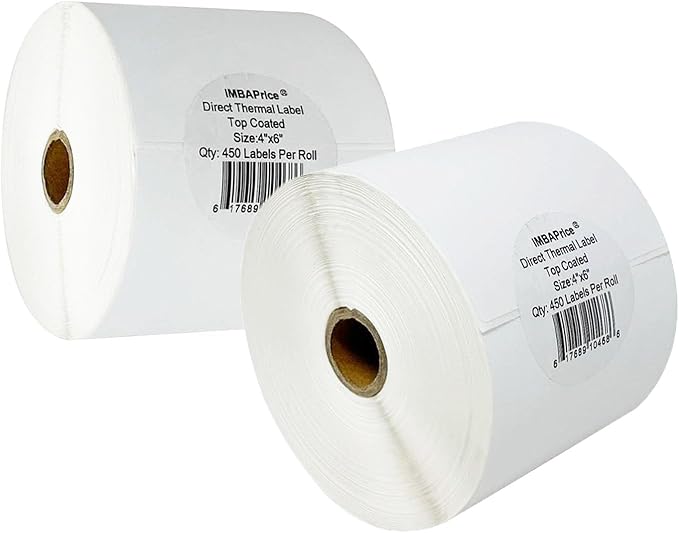 iMBAPrice 4x6 Inch Direct Thermal Labels, 900 Labels (2 Rolls x 450), 1" Core, Compatible with Zebra ZP450 ZP500 ZP505 GK420D GX420D, USPS UPS FedEx DHL, Adhesive Barcode Labels