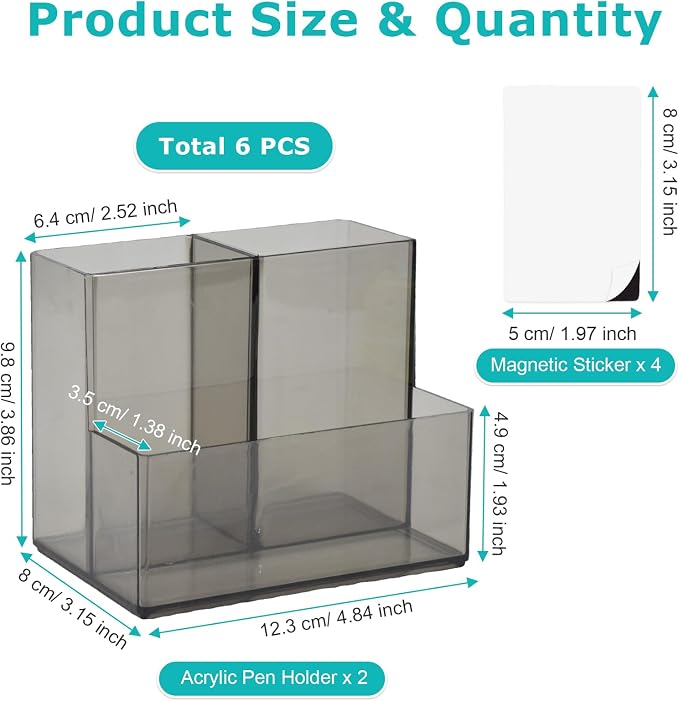 SAYEEC 2 Pack Acrylic Pencil Pen Holder Magnetic Dry Erase Marker Holder with 4 Magnet Sheets 3 Compartment Clear Grey Makeup Brush Organizer Desk Cup Caddy for Fridge Whiteboard Locker Office School
