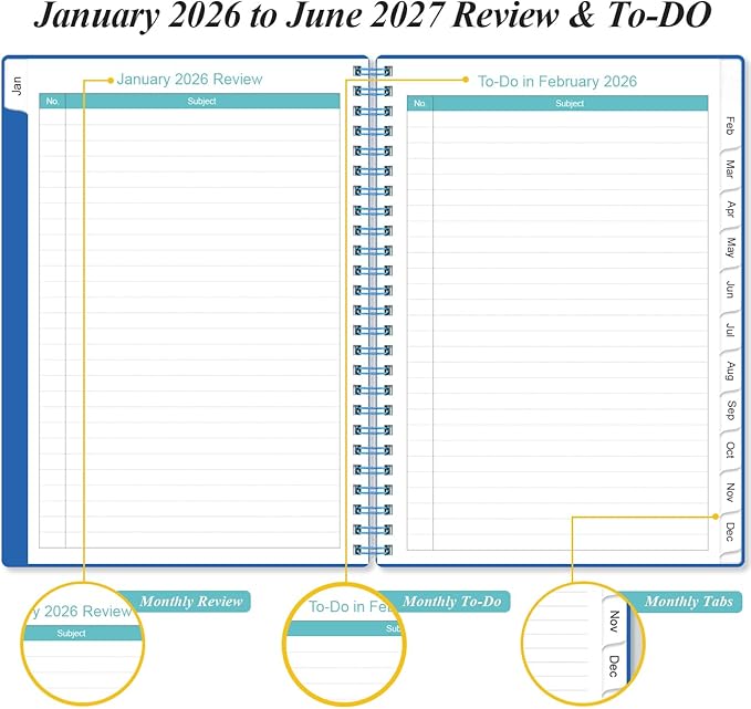 2026-2027 Monthly Planner - January 2026 - June 2027, Two Pages Per Month, 18 Monthly Calendar/Planner with Tabs, Inner Pocket, 6.4" x 8.5", Black