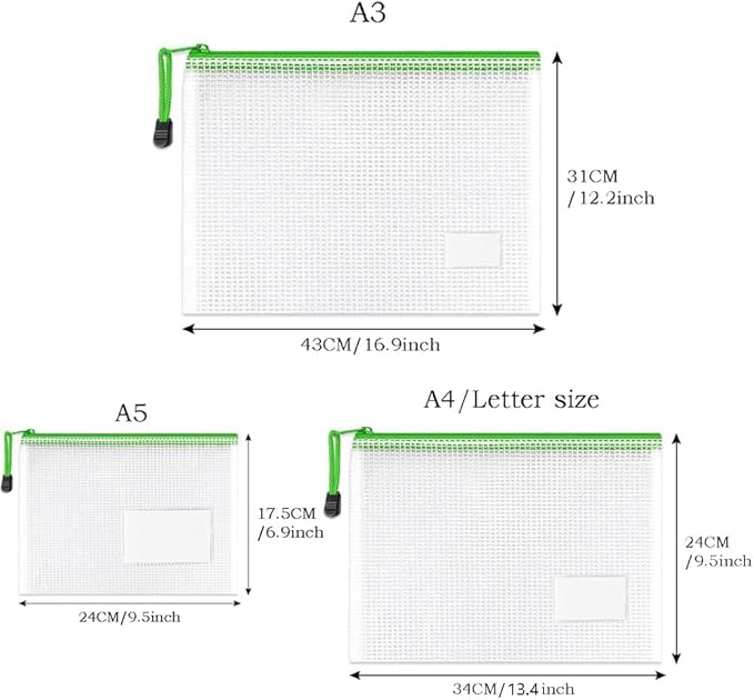 TRANBO 12-Pack 3-Size Mix Mesh Zipper Pouches, Plastic A3/A4/A5 Zip-lock Bag with Label Pocket