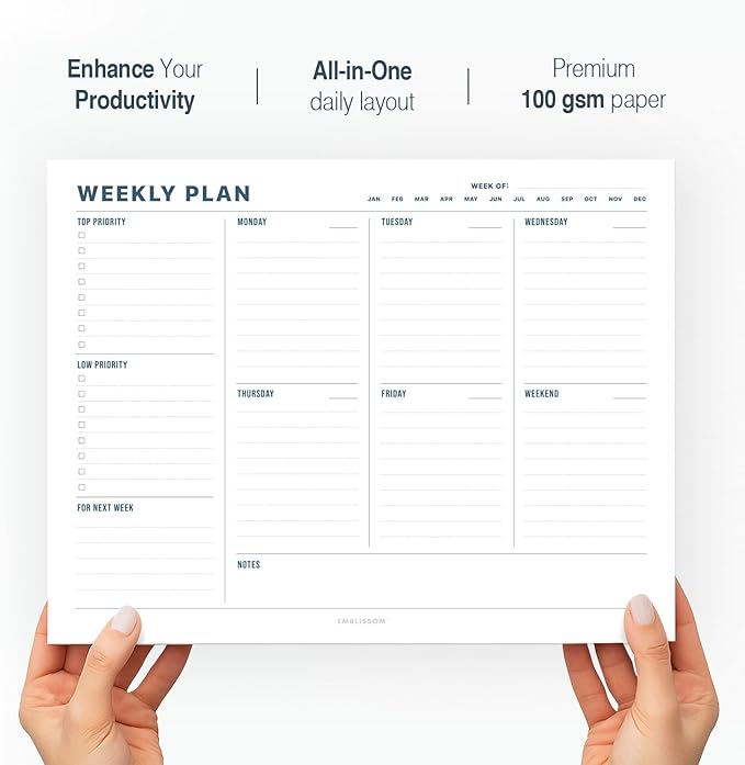 Weekly Planner Notepad, 8.5 x 11" Tear-Off Pad – 70 Undated Sheets, Daily Schedule Deck Organizer with Priorities, To Do List & Checklist for School, Work, Home (White, Minimalist, 2 Pack)
