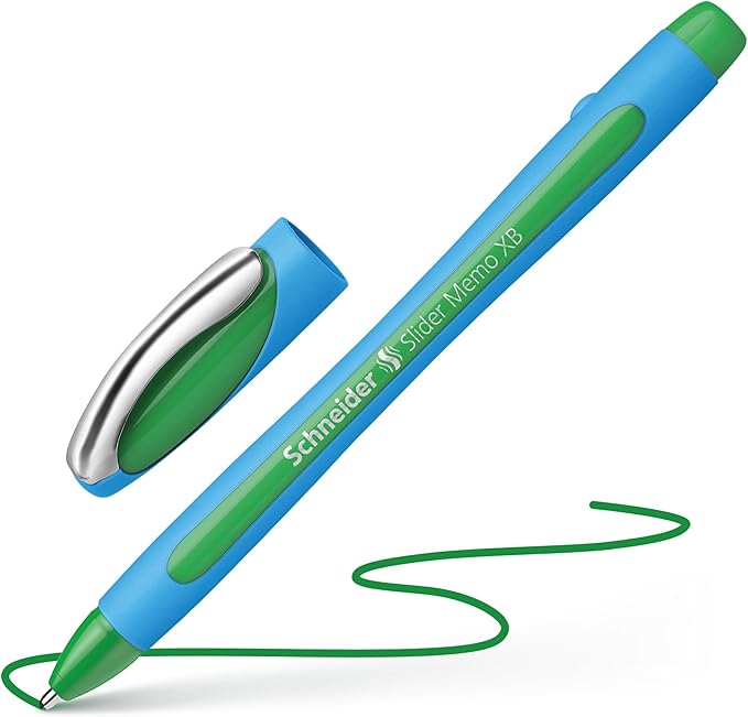 Schneider Slider Memo XB (Extra Broad) Ballpoint Pen, 1.4 mm, Light Blue Barrel, Green Ink, Box of 10 Pens (150204)