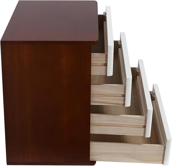 Lockable Desk Organizer Wooden Desktop Drawers Office Flat Files Storage Box Locking Countertop Storage Cabinet (Walnut + White, 4-Tier)
