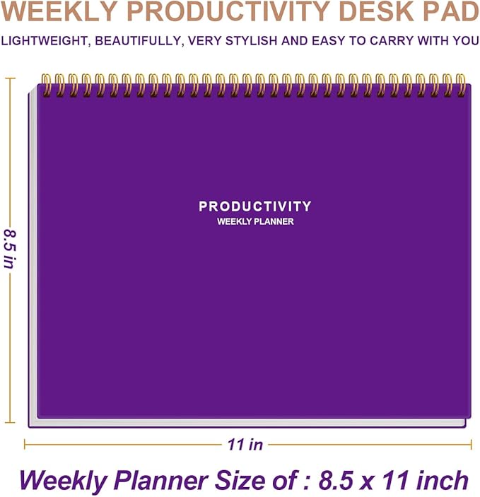 Weekly Productivity Planner - 8.5" x 11" Dashboard Desk Notepad Has 6 Focus Areas to List Tasks for Goals, Projects, Clients, Academic or Meal-Organize Your Daily Work Efficiently, 54 Weeks, Purple