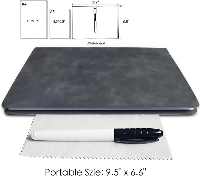 Portable Small Dry Erase Board Whiteboard Notebook Handheld, Reusable White Board Dry Erase Notebook for Desk, At Home Office Study Essentials-9.5" x 6.6" (Black)
