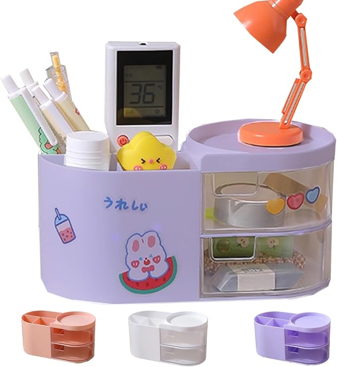 Kawaii Stationery Storage Box Makeup Organizer with 2 Drawers, Kawaii Pen Organizer with Stickers DIY Fun, Desk Organizers and Accessories with 5 Compartments for Teen Girls Office Art Supplie