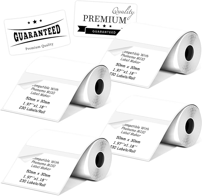 Thermal Labels Compatible with Phomemo M100/M110/M150/M221/M220/M120/M200/M250 Label Printer,1.97"x1.18"(50x30mm), 230 Labels/Roll, Black on White,4 Rolls