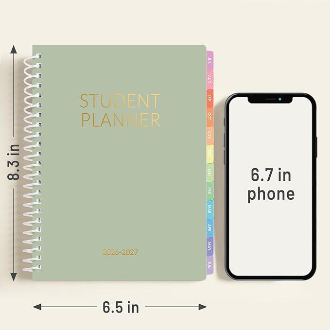 SUNEE Student Planner 2026-2027, Academic Weekly & Monthly School Planner, Jul. 2026 - Jun. 2027, 6.5" x 8.3" Middle & High Lesson Plan Book with Weekly Goals, Monthly Tabs, Bookmark, Sage Green