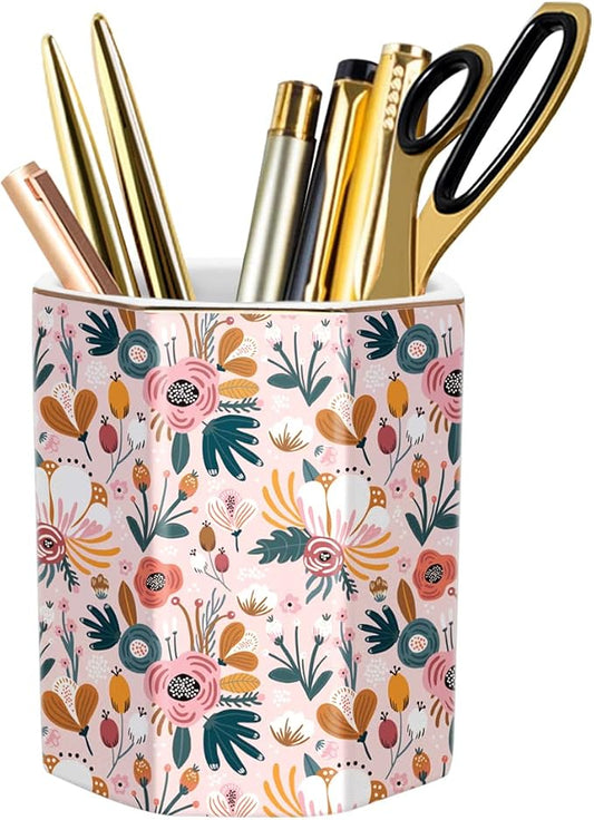 Ceramic Floral Pen Pot, Colored Pencil Container Cute Decor for Room, Office, School, University, Makeup Brush Holder for Girl Women Adult Teen Gift, Pink Flower