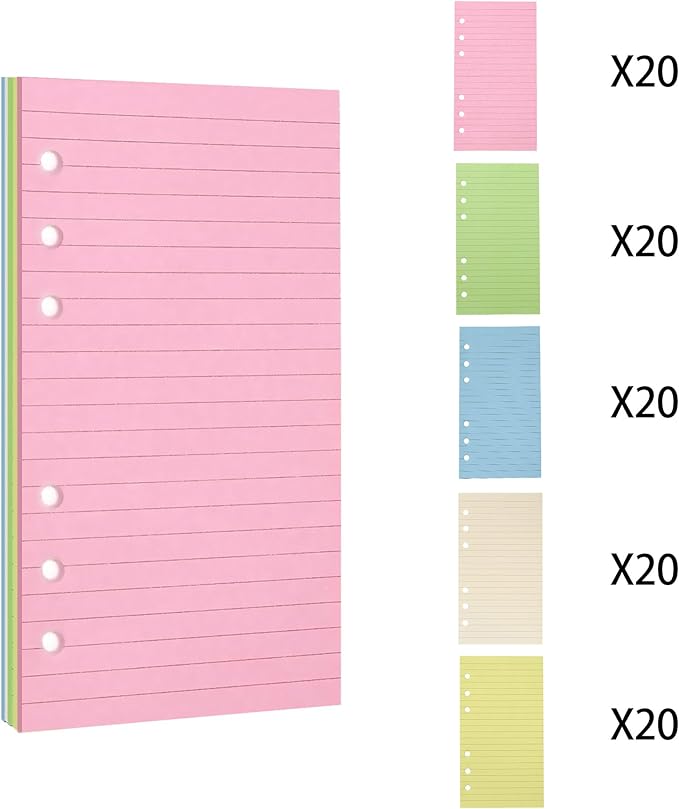 A6 Planner Inserts,Colorful Line Journal Fillers for 6-Ring Binder,5-Color Loose Leaf Planner Filler Paper (100, A6-LINED)