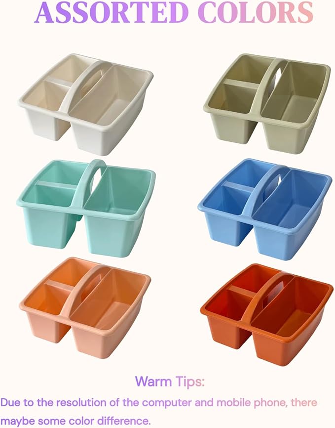 RAUVOLFIA Set of 6 Classroom Caddy, Small Plastic Storage Caddy with Handle for Classrooms, Kids Room and Office Organization, 3 Compartment (Boho)