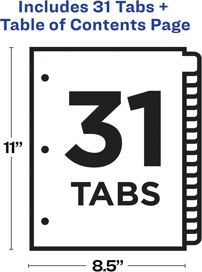 Avery 1-31 Dividers for 3 Ring Binders, 31 Tabs per Set, Customizable Table of Contents, Multicolor Arched Tabs, Great for Organizing Reports, Projects, and More (12 Sets of 11846)