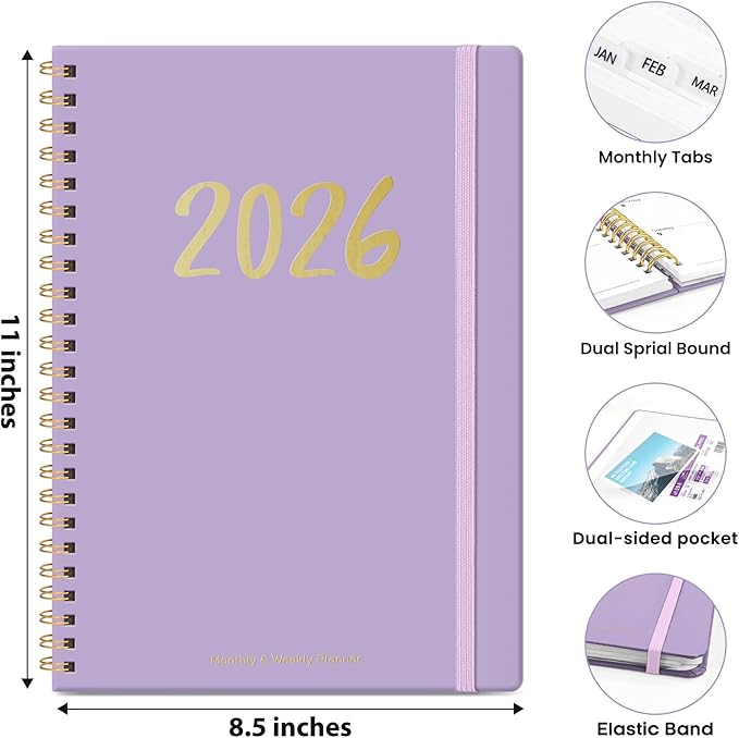 2026 Planner - Weekly and Monthly Planner, January 2026 to December 2026, Spiral Bound 2026 Calendar Planner Book, Inner Pocket, Perfect for Office Home School Supplies - A4 (8.5" x 11"), Lilac Purple