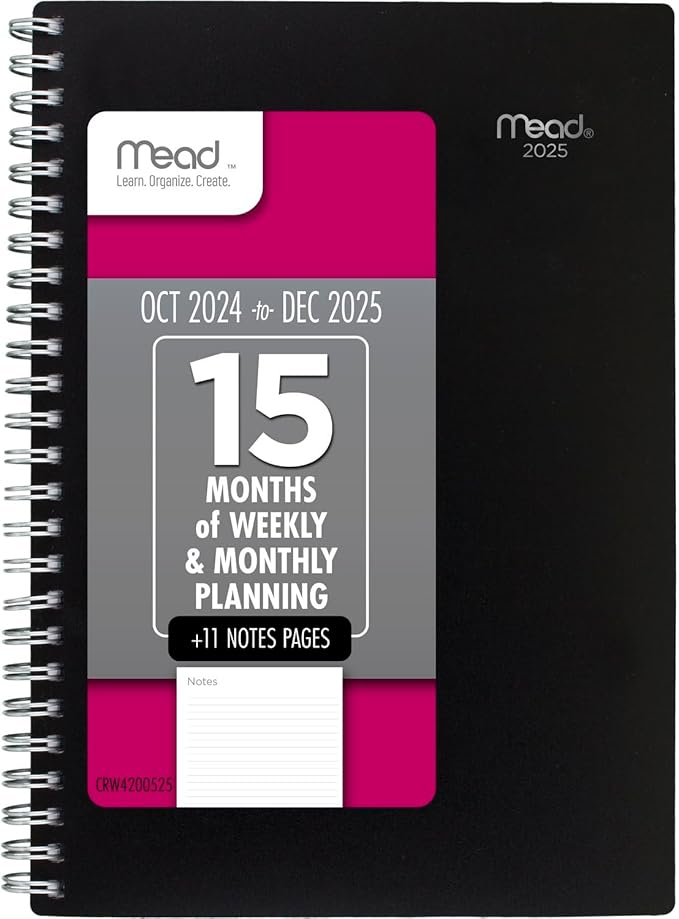 Mead 2025 Planner, Weekly & Monthly, 15-Month, 5-1/2" x 8-1/2", Small, Basic, Black (CRW4200525)