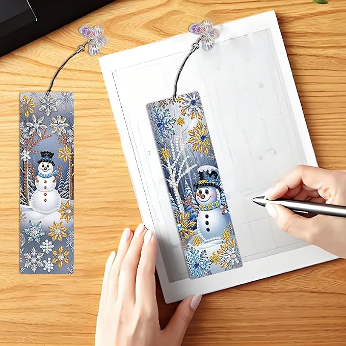 8 Pcs 5D Diamond Art Bookmarks for Reading Lovers, Handmade DIY Diamond Painting Book Marks with Tassels for DIY Making Beginners Adults Arts Craft Supplies (Snowman)