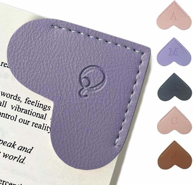 Personalized Leather Book Marks, Heart Bookmark, Unique Cute Handmade Letter Bookmarks Accessories for Reading Women, Teacher, Student, Book Lovers Book Mark Gifts (Purple, Q)