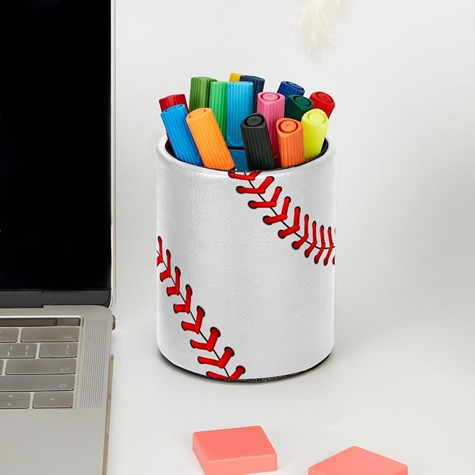 Baseball Laces Pen Holder Pencil Organizer Cute Pencil Cup Desk Decor Makeup Brush Holder PU Multifunctional Office Supplies for Home Classroom School