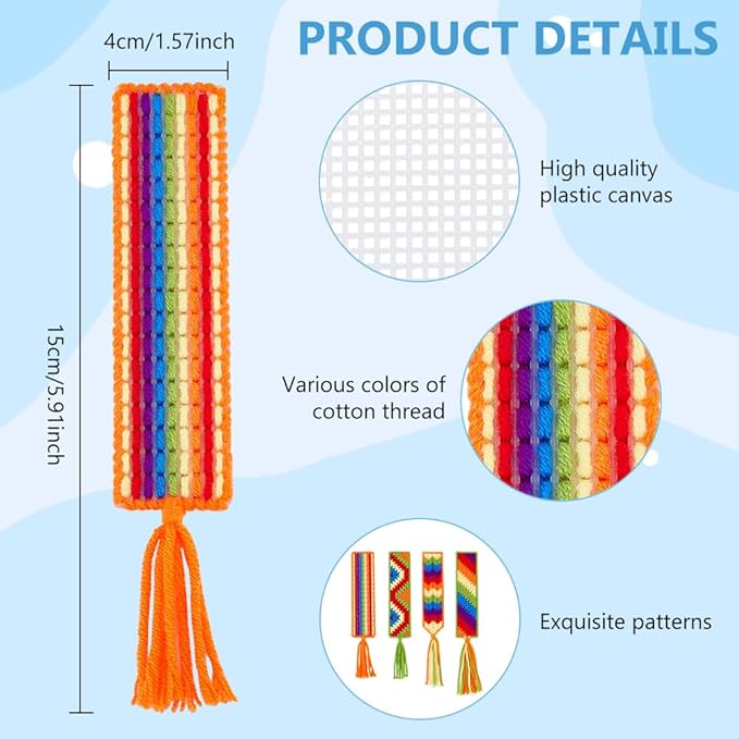 FREEBLOSS 8 Set DIY Rainbow Plastic Canvas Bookmarks Kit Plastic Cross Stitch Sheets Mesh Canvas Sheets for Crafts Bookmark Making Kit for Friends Reading Gift