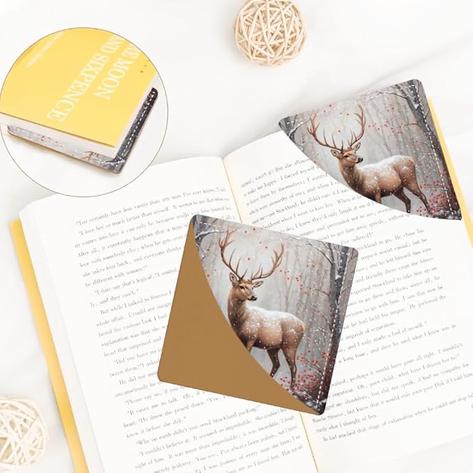 2PCS PU Leather Bookmarks 3.5x3.5 Inch Deer Winter Forest Design | PU leather bookmarks with deer winter forest design for novels, journals, planners, students and book lovers.