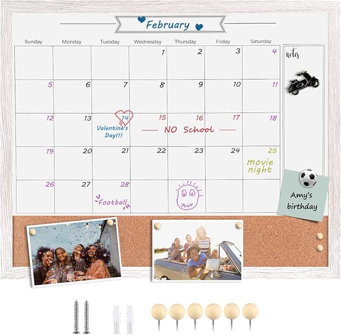 Dry Erase Calendar Whiteboard for Wall, Combination Magnetic Dry Erase White Board & Bulletin Board, 23.6" x 31.5" Wood Framed Calendar/Cork Combo Board(WH-6080)