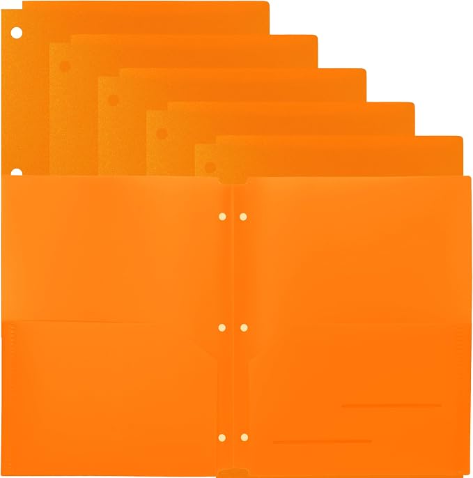 Youngever 6 Pack Heavy Duty Plastic Two Pocket Folders, Binder Dividers with Pocket, 3 Hole Punch Folder with Notches, Binder Folders (Orange)