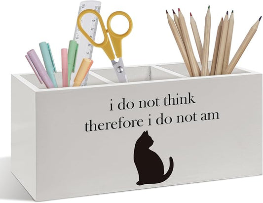 Funny Black Cat Pen Pencil Holder, Black Cat Gifts for Women, Cats Desk Accessories, I Do not Think Therefore I Do Not am Wooden Pen Pencil Organizer for Home Office Desk Decor