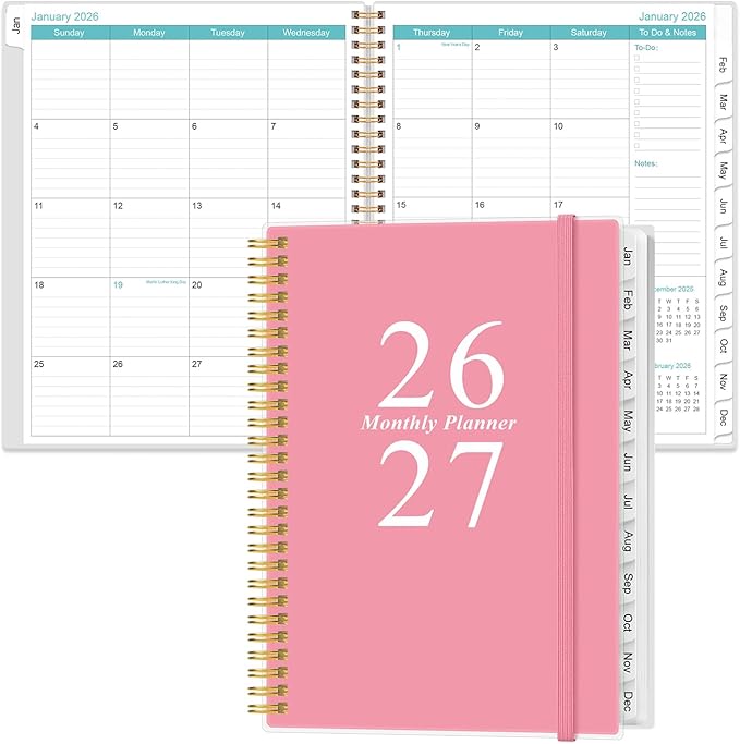 2026-2027 Monthly Planner - 18 Monthly Calendar, January 2026 - June 2027, Two Pages Per Month, 9" x11" Planner with Tabs, Strong Twin-Wire Binding, Inner Pocket, Pink