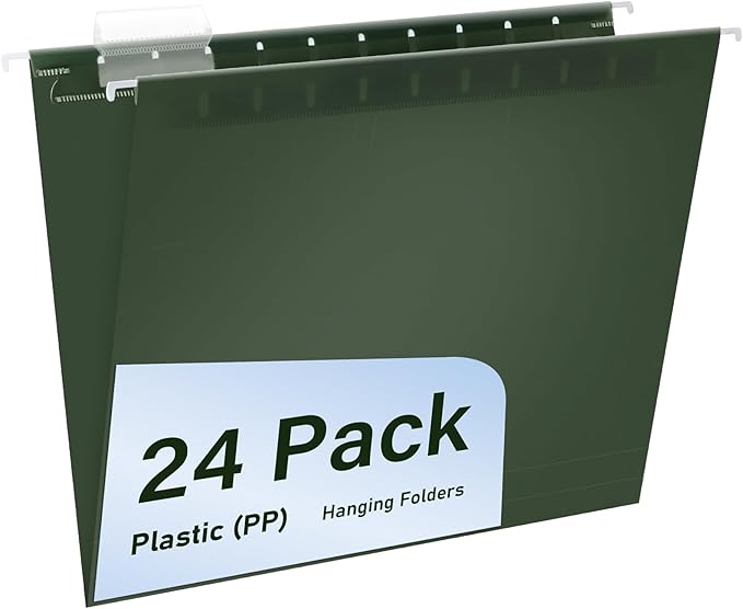 Plastic Hanging File Folders, 24 Pack Olive Hanging Folders，Letter Size with 1/5-Cut Tabs, Strong for Bulk Files, Documents and Paper, Office & Home Filing